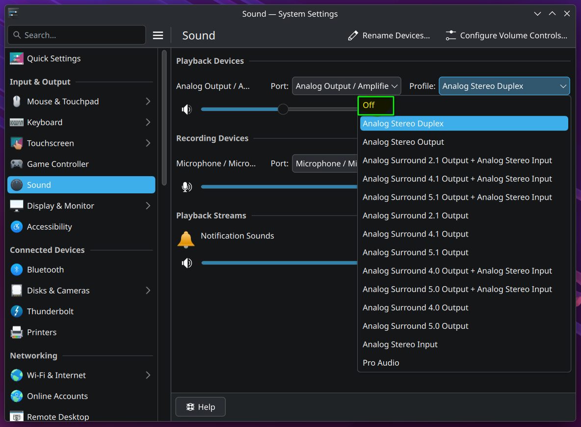 KDE Plasma Settings > Sound Devices